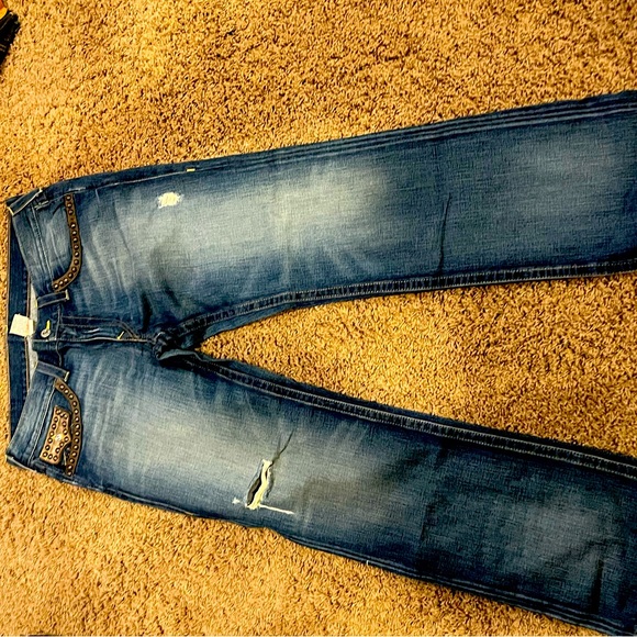 True Religion Blue Denim Jeans with Distressed Accents
